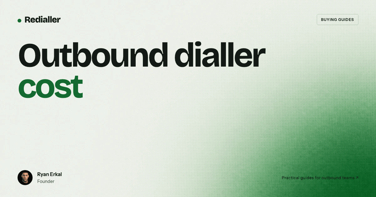 Title card for an outbound dialler cost guide with Ryan Erkal beside a monthly budget worksheet
